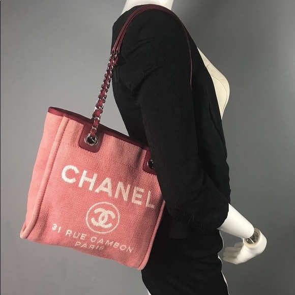 Auth CHANEL Deauville Canvas Chain Lambskin Tote - Picture 12 of 12